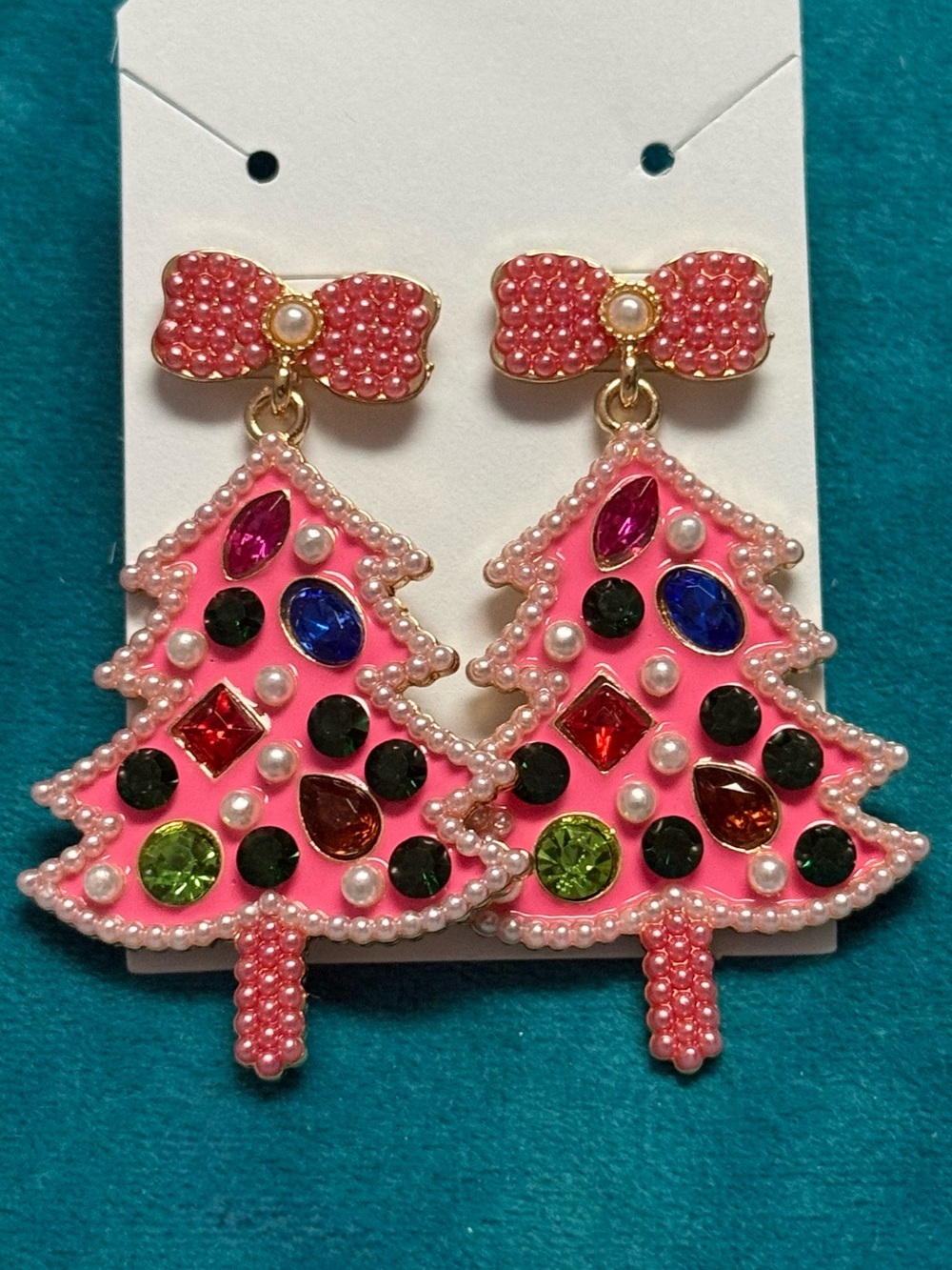 Pink Multicolor Beaded Christmas Tree Earrings with Bow Pearl Accents